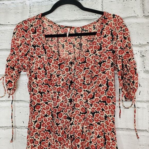 Free people laced up button down mini dress floral red black size small - Picture 3 of 11